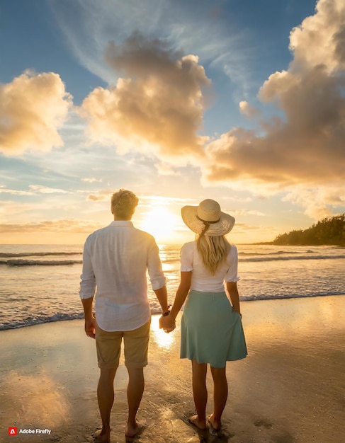 hyper realistic photograph of a sun setting at the horizon couple watching the sunset