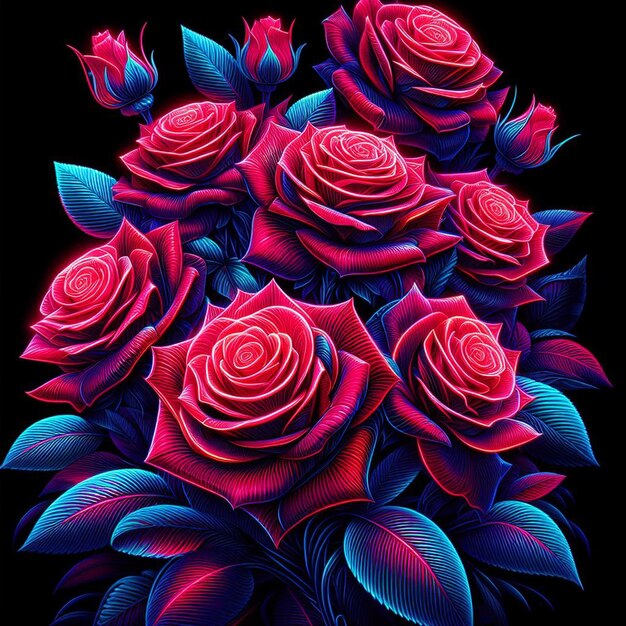 Vector hyper realistic vector illustration bouquet red roses neon colors isolated black background