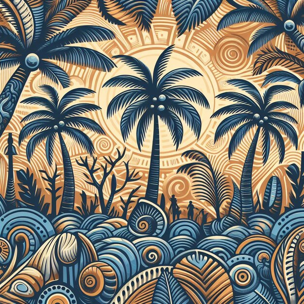 Vector hyperrealisitc vibrant caribbean tropical coconut palm tree pattern beach sunset design artwork