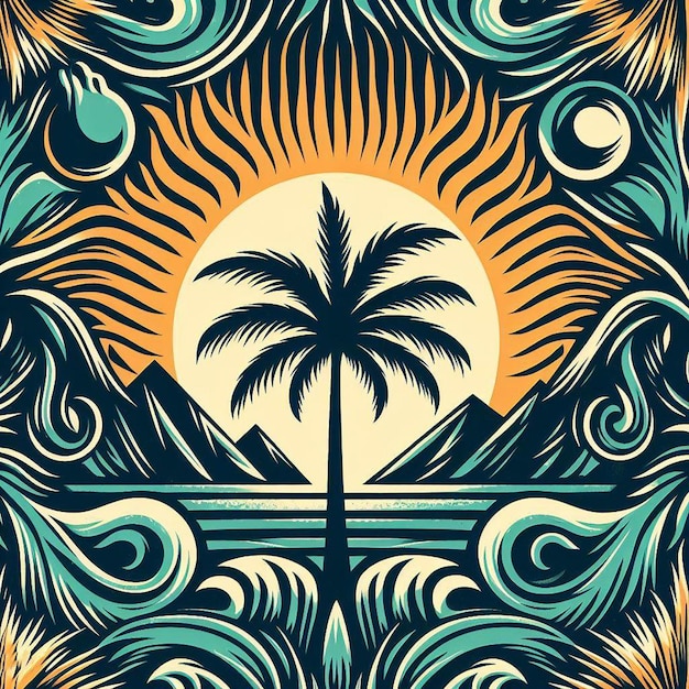 Vector hyperrealisitc vibrant caribbean tropical coconut palm tree pattern beach sunset design artwork