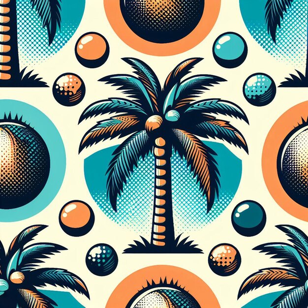 Vector hyperrealisitc vibrant caribbean tropical coconut palm tree pattern beach sunset design artwork