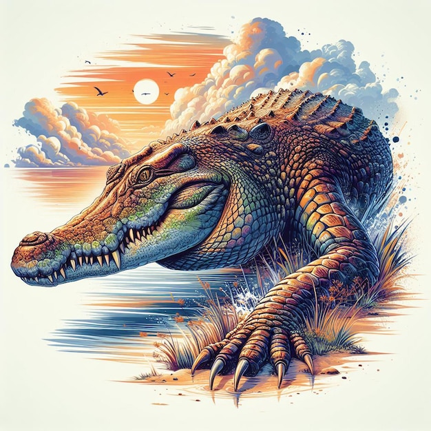 Вектор Гиперреалистичное красочное векторное искусство африканского рептилия крокодила на белом фоне