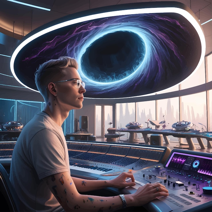 Vector hyperrealistic illustration of a music producer