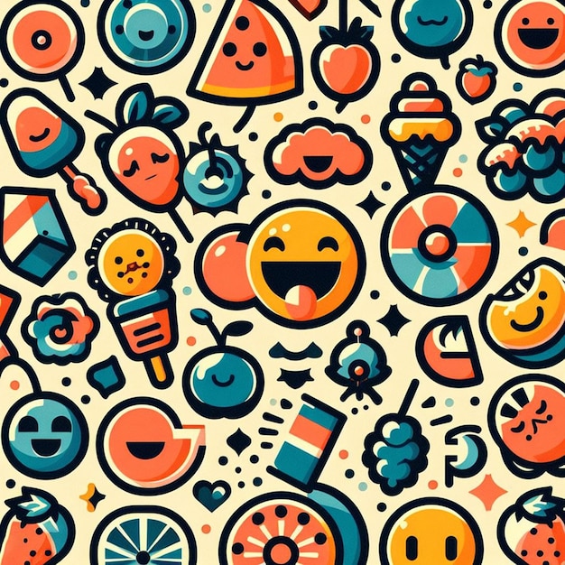 Вектор Гиперреалистичный рисунок улыбающегося смайлика смайлика аватара причудливый дизайн бесшовная текстура ткани