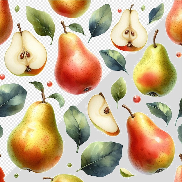 hyperrealistic pattern texture watercolor natural fresh healthy pear fruits transparent background