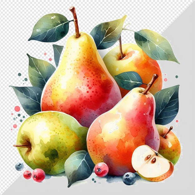 ハイパーリアルなパターン 質感 アクアカラー 自然の新鮮な健康的な梨の果物 透明な背景