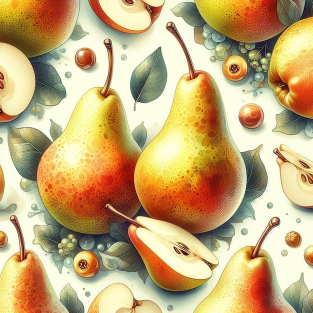 hyperrealistic pattern texture watercolor natural fresh healthy pear fruits transparent background