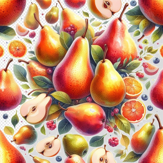 hyperrealistic pattern texture watercolor natural fresh healthy pear fruits transparent background