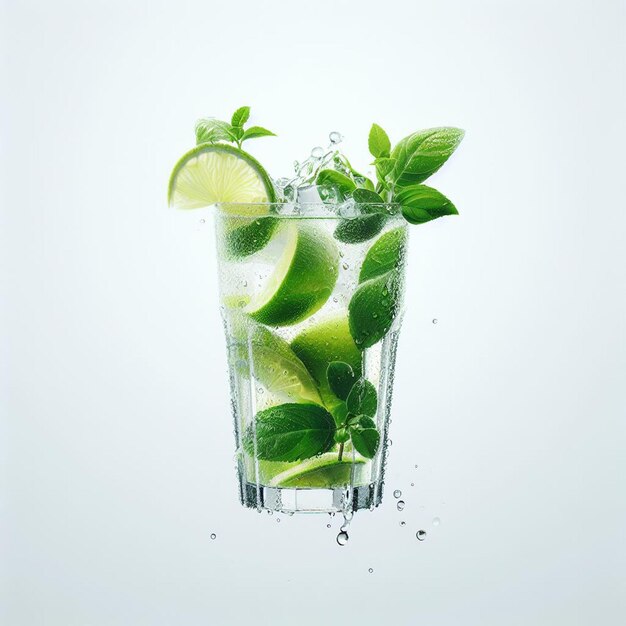 Vector hyperrealistic shot fresh tropical exotic glass of mojito cocktail lemon ice transparent background