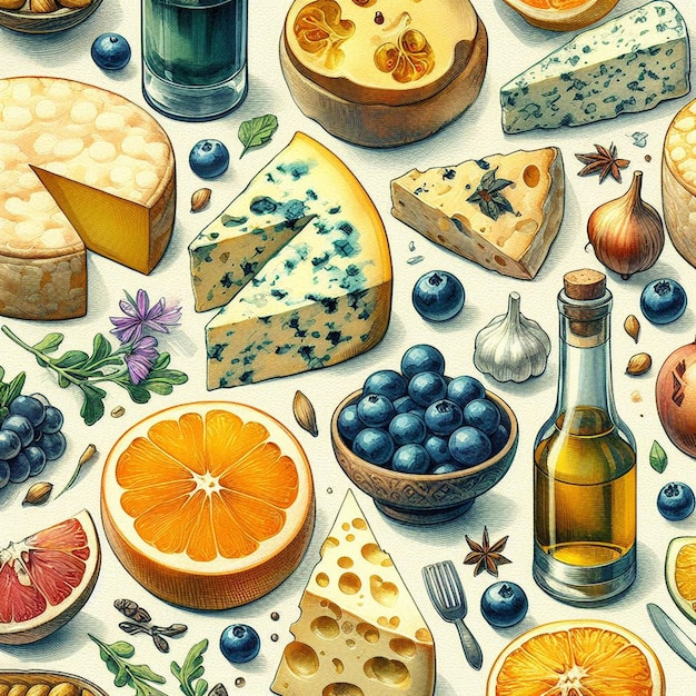 hyperrealistic vector art illustration colorful tasty food pattern italian gorgonzola cheese poster