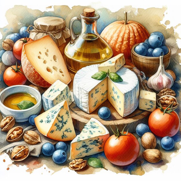 hyperrealistic vector art illustration colorful tasty food pattern italian gorgonzola cheese poster