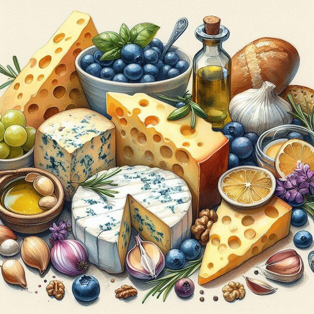 hyperrealistic vector art illustration colorful tasty food pattern italian gorgonzola cheese poster