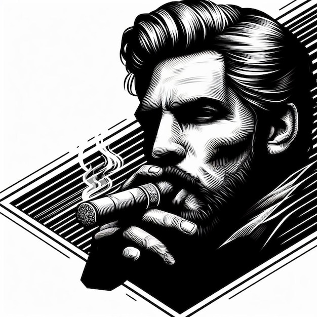 Vector hyperrealistic vector illustration portrait of face smoking a cigar