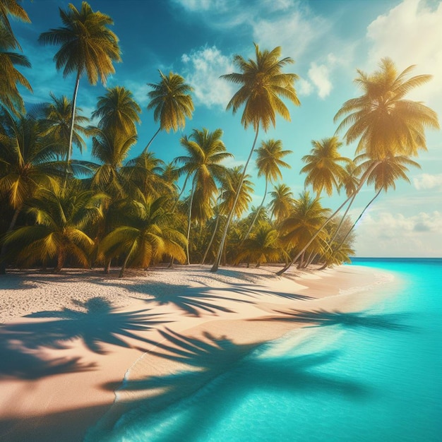 Vector hyperrealistic vector illustration sunset palmtree beach coastal sunny caribbean sea panorama image