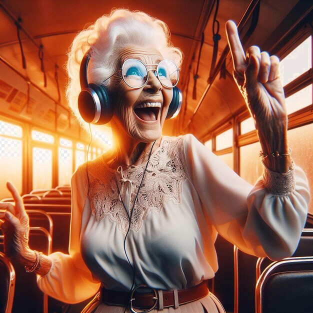 Vector hyperrealistic vector image illustration retro grandma dancing listening music earphone poster pic