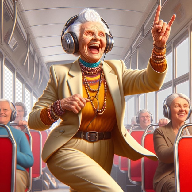 Vector hyperrealistische vector afbeelding illustratie retro grootmoeder dansen luisteren naar muziek koptelefoon poster pic