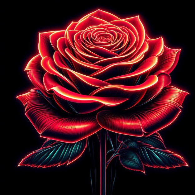 Vector hyperrealistische vectorillustratie boeket rode rozen neon kleuren geïsoleerde zwarte achtergrond
