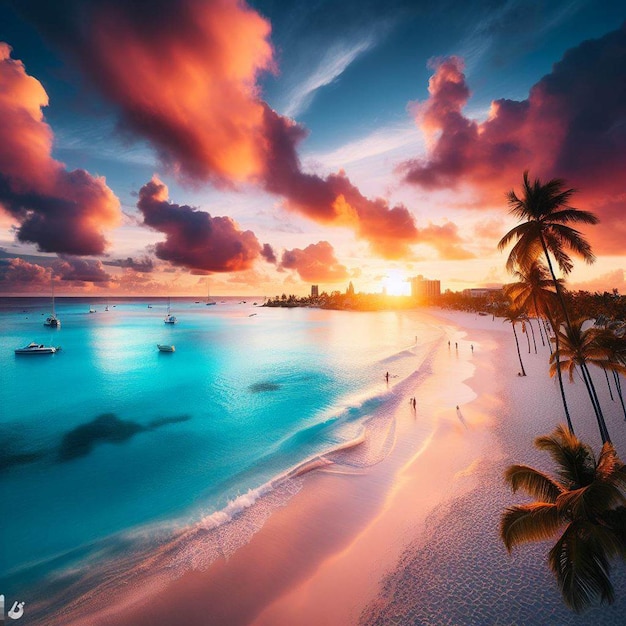 Hyperrealistische vectorillustratie zonsondergang palmboom strand kust zonnige caribische zee panorama beeld