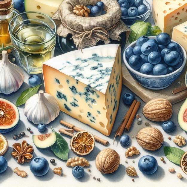 hyperrealistische vectorkunst illustratie kleurrijke lekker eten nog steeds Italiaanse gorgonzola kaas portret