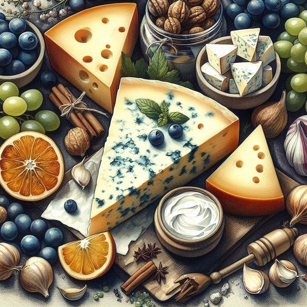 hyperrealistische vectorkunst illustratie kleurrijke lekker eten nog steeds Italiaanse gorgonzola kaas portret