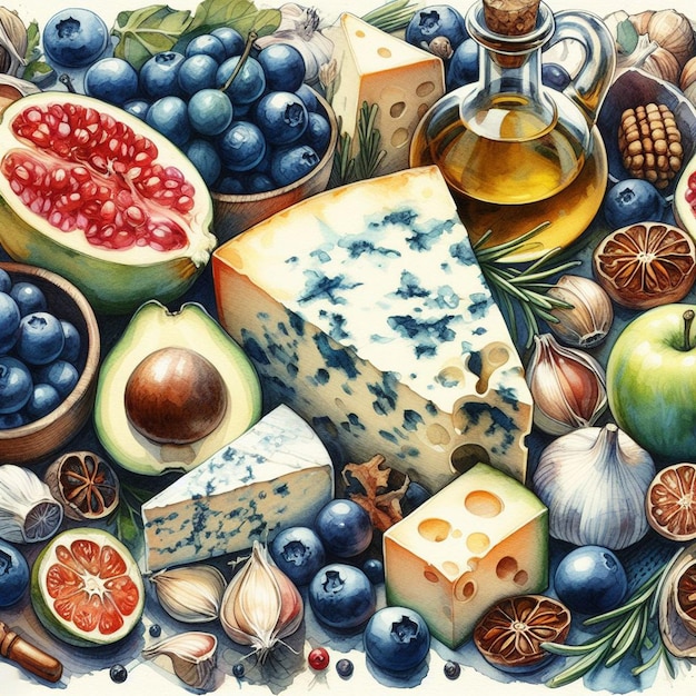 hyperrealistische vectorkunst illustratie kleurrijke smakelijke voedselpatroon Italiaanse gorgonzola kaas poster