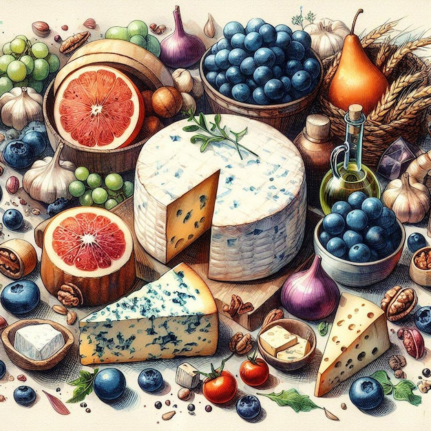 hyperrealistische vectorkunst illustratie kleurrijke smakelijke voedselpatroon Italiaanse gorgonzola kaas poster