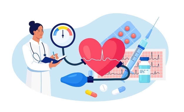 Hypertensie, hypotensie ziekte. Dokter schrijft resultaten van cardiologiecontrole. Groot hart met bloeddrukmeter, cardiogram, spuit, medicijnen. Cardioloog die patiënten hoge bloeddruk meet