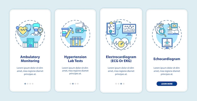 hypertension tests onboarding mobile app page screen. ambulatory monitoring walkthrough 4 steps graphic instructions with concepts. ui, ux, gui vector template with linear color illustrations