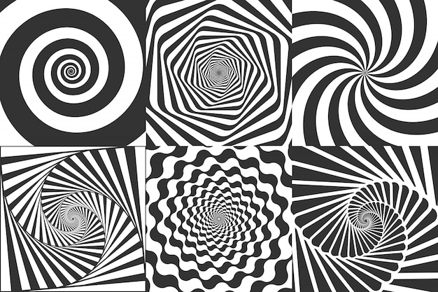 Гипнотическая спираль. вихрем загипнотизировать спирали, головокружение геометрическую иллюзию и вращающиеся полосы вокруг набора векторных иллюстраций