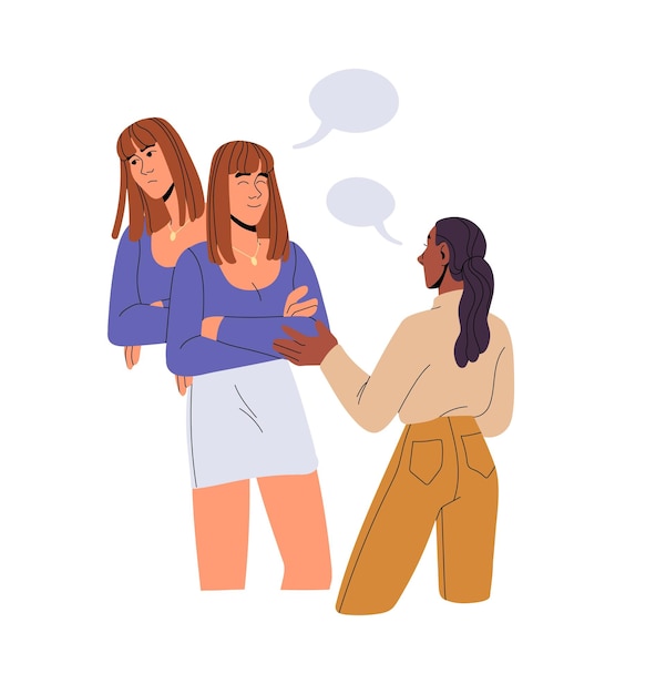 Hypocrisie concept Leugenaar meisje verbergt de waarheid met valse emoties masker tijdens het praten met een vriend Onoprechte vrouw bedriegt liegen in communicatie Platte geïsoleerde vector illustratie op witte achtergrond