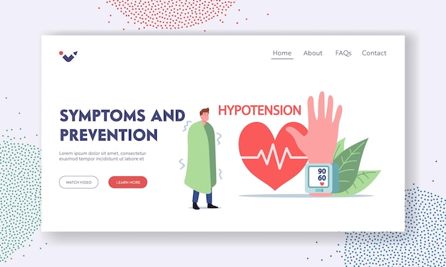 Hypotension symptoms and prevention landing page template. tiny male character at huge hand with tonometer measuring arterial blood pressure, cardiology disease. cartoon people vector illustration