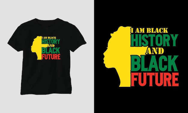 나는 검은 역사와 검은 미래 티셔츠 디자인 주먹, 깃발, 지도, 패턴