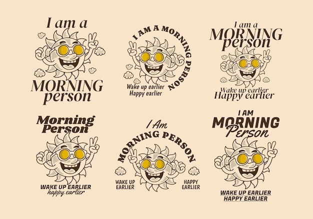 나는 아침형 인간이다, 행복한 표정으로 선글라스를 쓴 태양의 빈티지 마스코트 캐릭터 디자인