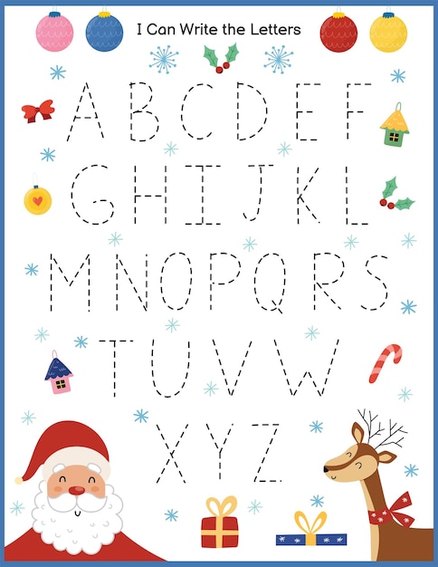 I can write letters Christmas worksheet for kids. Winter activity page with cute characters