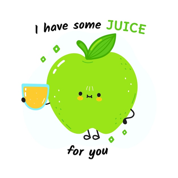 나는 귀여운 행복한 녹색 사과가 있는 주스 카드를 가지고 있습니다.