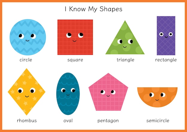 I Know My Shapes educatieve activiteitenpagina voor kinderen met schattige karakters Basisvormen leren