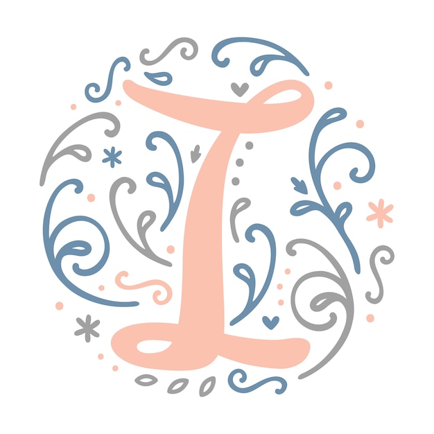 ' i ' letter monogram design -  feminine style alphabet letter floral round clipart