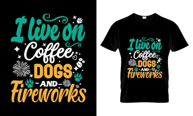 Vettore vivo di cani da caffè e magliette con fuochi d'artificio