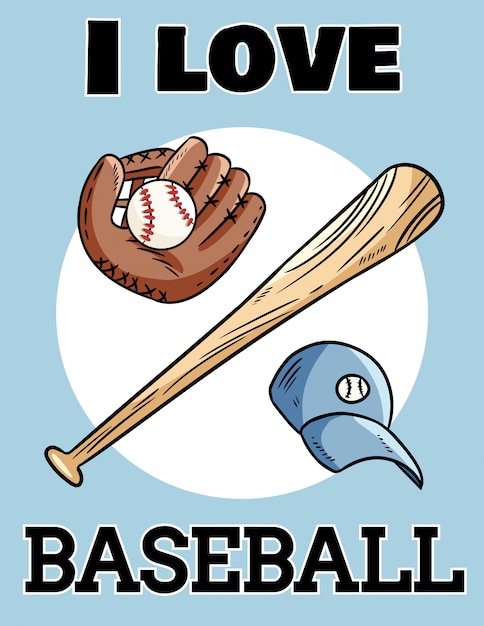 I love baseball cute postcard baseball bat, glove and ball, icon sports logo