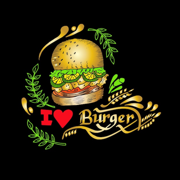 I Love Burger, quotes doodle vector