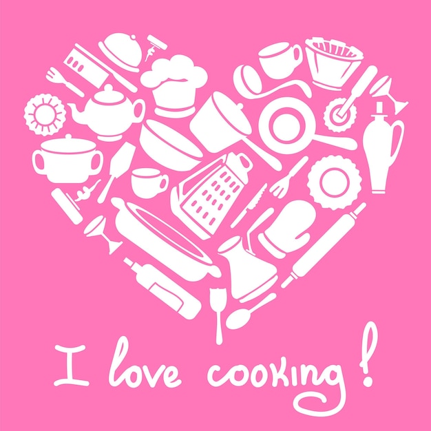 나는 요리 포스터 개념을 좋아합니다. 하트 모양의 베이킹 도구 손으로 그린 주방 용품이 있는 포스터분홍색 배경 xDxA