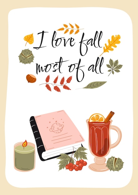 私は何よりも秋が大好きです-手描きのベクターテキスト。秋のカラーポスター。グリーティングカードに最適