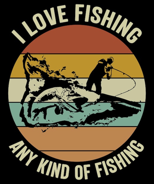 私は釣りが大好きですどんな種類の釣りでも黒の背景を持つレトロなヴィンテージtシャツのデザイン