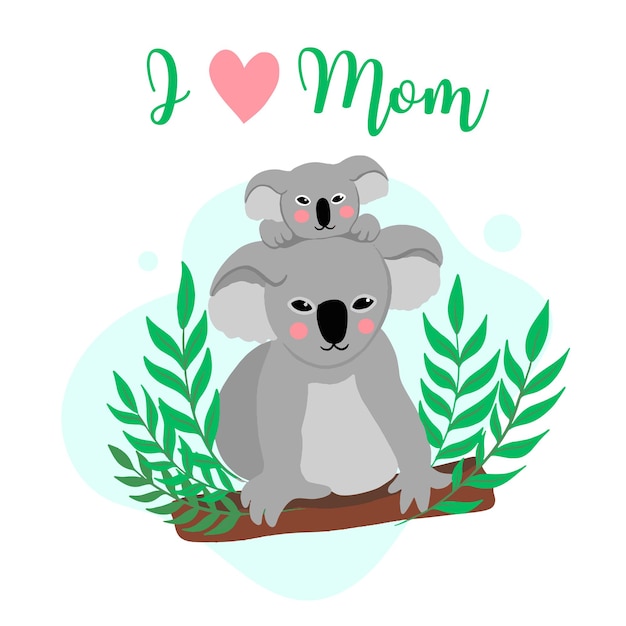 I love mom, vector cartoon illustration. Cute koala and little baby