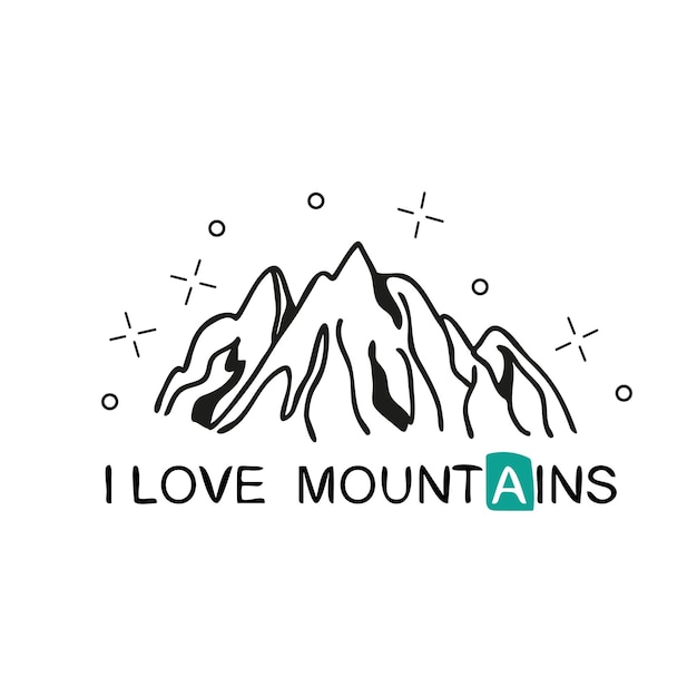 Amo le montagne. lettere scritte a mano per cartoline, poster e t-shirt. illustrazione vettoriale all'aperto con cresta di montagna e testo disegnato a mano