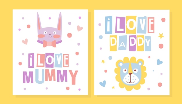 I Love Mommy I Love Daddy カードテンプレート 可愛い動物と可愛い絵画のベクトルイラストでパステル色の可愛いグリーティングカード