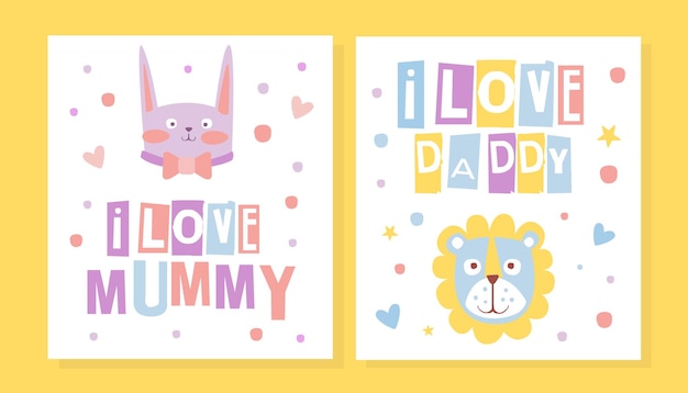 Vector i love mummy i love daddy card template cute greeting card in pastel colors with adorable animals cartoon vector illustration