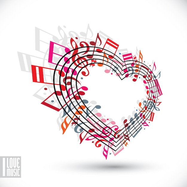 I love music concept. heart made with musical notes and clef, contain copy space inside for your text, music theme vector design template.