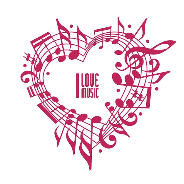 Vector i love music concept, single color design. heart made with musical notes and clef, black and white design, contain copy space inside for your text, music theme vector design template.