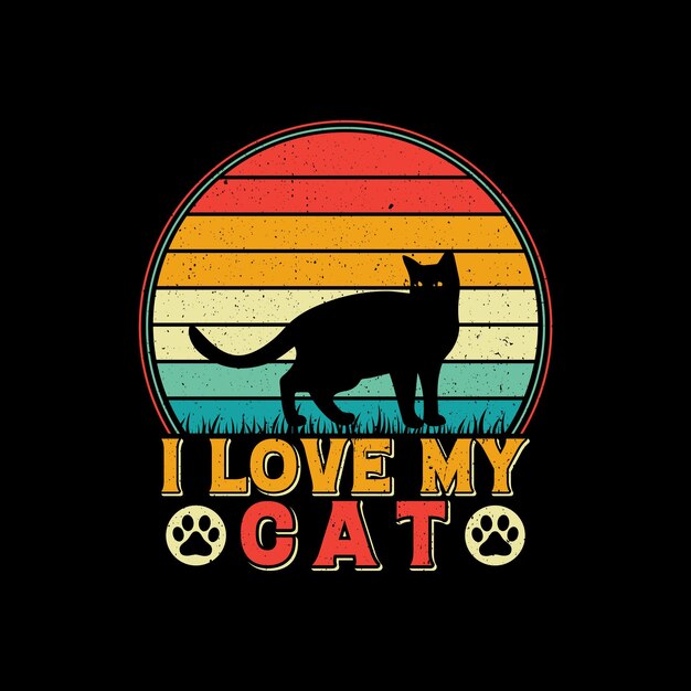 I Love My cat 티셔츠 디자인, 복고풍 고양이 티셔츠 디자인, 빈티지 티셔츠 디자인, 일몰 티셔츠